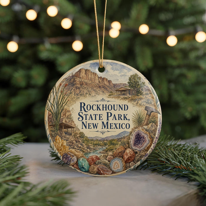A round ornament with a desert landscape and mountains, featuring the text "Rockhound State Park, New Mexico" on it.