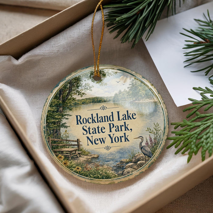 A decorative ornament with a scenic image of Rockland Lake State Park, New York, hanging from a string.