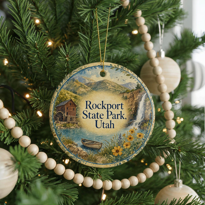 A round ornament hanging on a Christmas tree, featuring a scenic image of Rockport State Park in Utah.