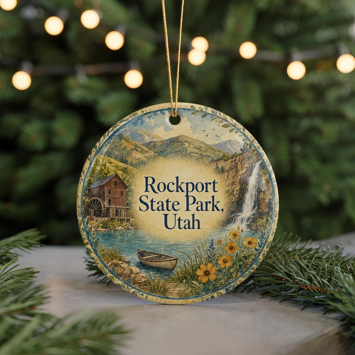 A round ornament with a scenic image of Rockport State Park, Utah, featuring a house, a river, and a waterfall.