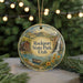 A round ornament with a scenic image of Rockport State Park, Utah, featuring a house, a river, and a waterfall.