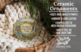 Ceramic ornaments, featuring a ceramic ornament with a scenic image of Rockport State Park, Utah, hanging from a wicker basket.