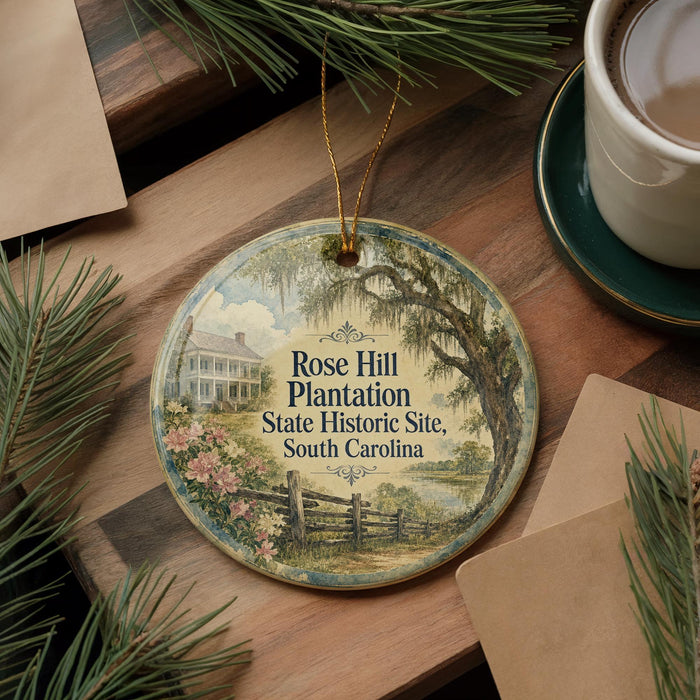 A round ornament with a painting of a house and a tree, surrounded by pine branches, sits on a wooden surface.
