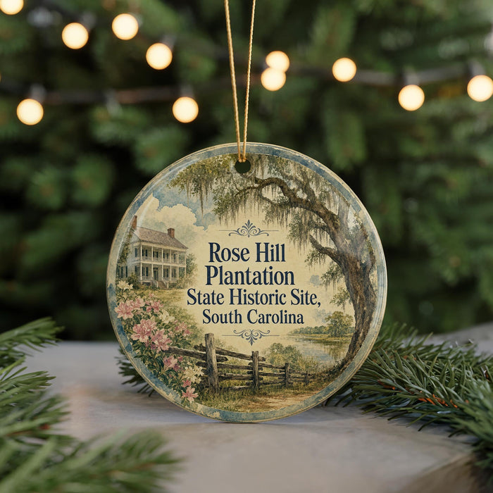 A round ornament with a vintage-style illustration of a house and a tree, surrounded by greenery, with the text "Rose Hill Plantation State Historic Site, South Carolina" displayed on it.
