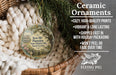 a ceramic ornament hanging from a wicker basket, with a description of the ornament and its features.