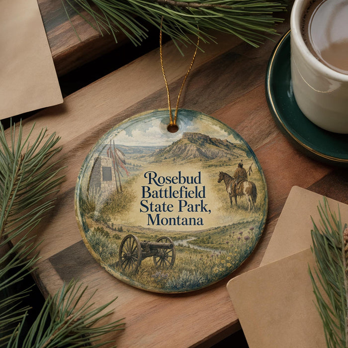 A decorative ornament featuring a scene from Rosebud Battlefield State Park, Montana, with a cowboy on horseback and a wagon in the foreground.