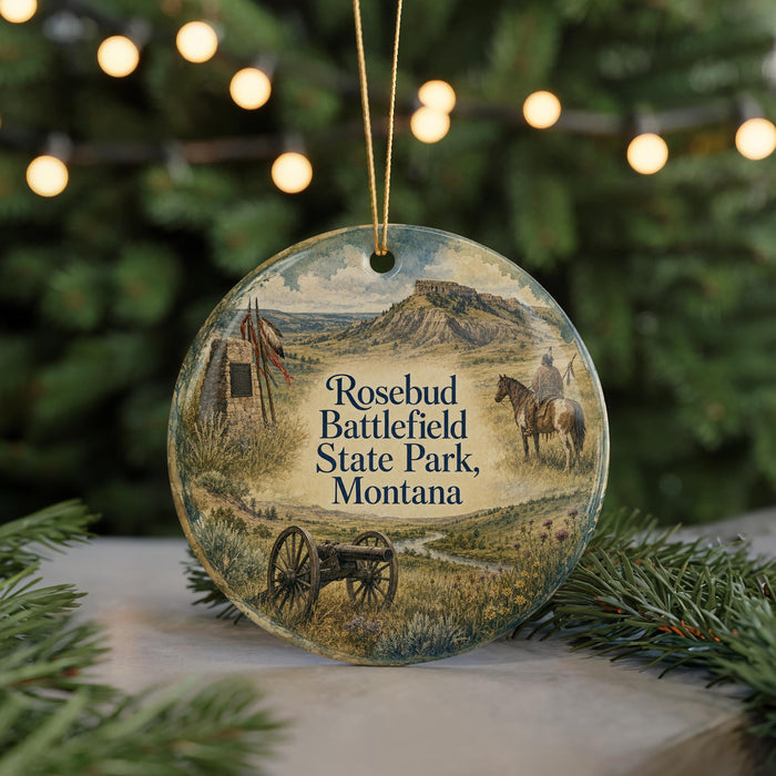 A round ornament with a painting of a cowboy and a horse, along with the text "Rosebud Battlefield State Park, Montana" on it, is displayed on a table with pine branches in the background.
