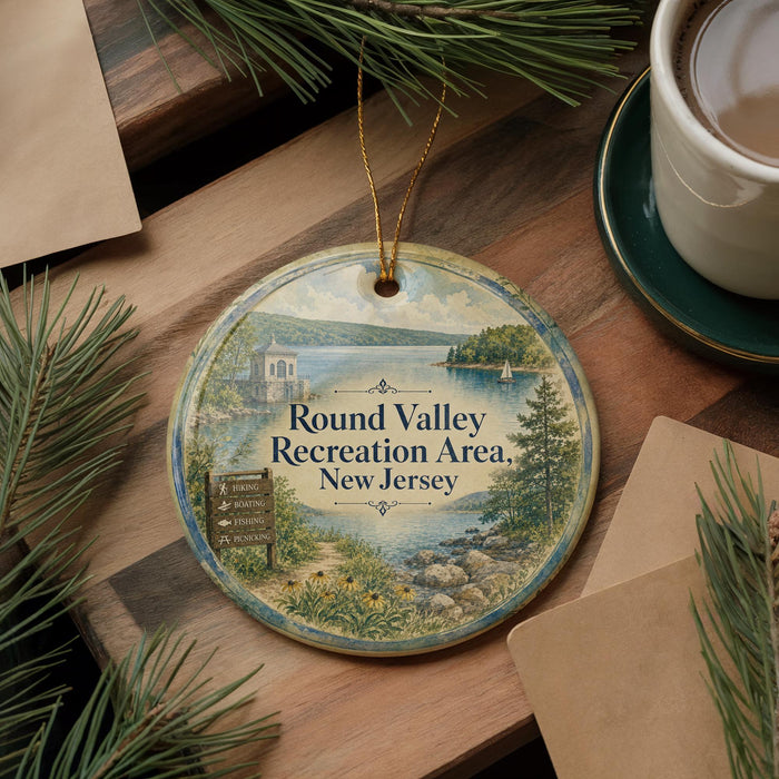A round ornament with a scenic landscape of a river and mountains, featuring a sign that reads "Round Valley Recreation Area, New Jersey".