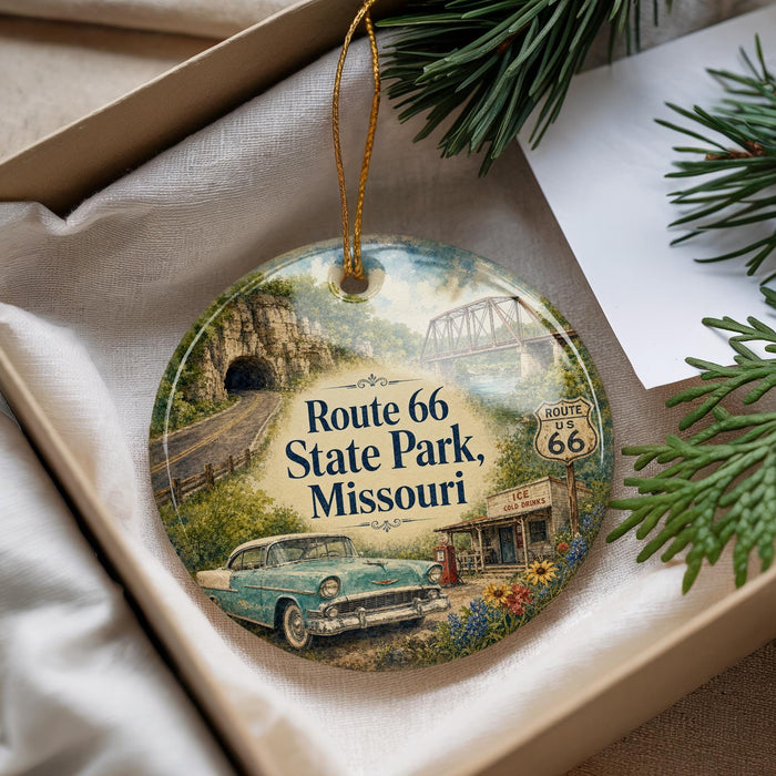 A decorative ornament featuring a vintage car and a scenic landscape, with the text "Route 66 State Park, Missouri" prominently displayed.