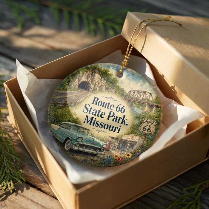 A decorative ornament in a box, featuring a vintage car and a scenic landscape with a bridge, all set against a lush green background.