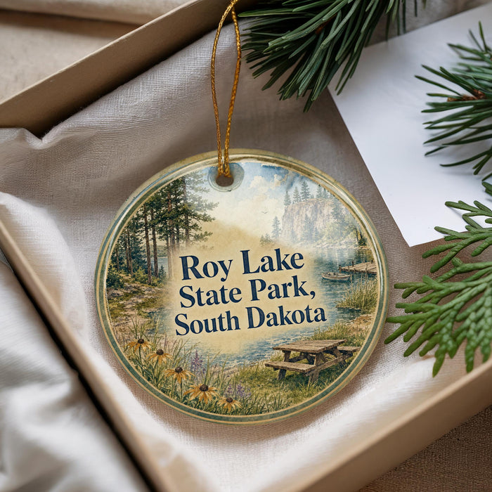 A round ornament with a scenic image of Roy Lake State Park, South Dakota, hanging from a string.
