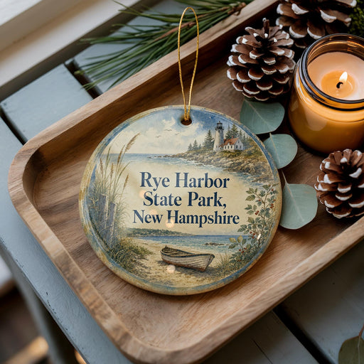 A wooden tray with a decorative ornament featuring a lighthouse and a boat, along with pine cones and a lit candle, placed on a table.