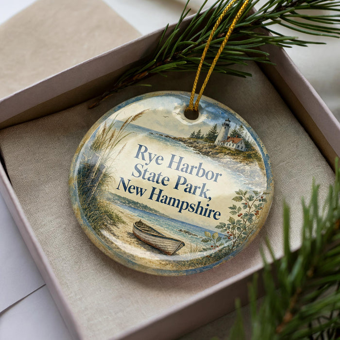 A decorative ornament with a lighthouse and a boat, placed in a box with pine branches.