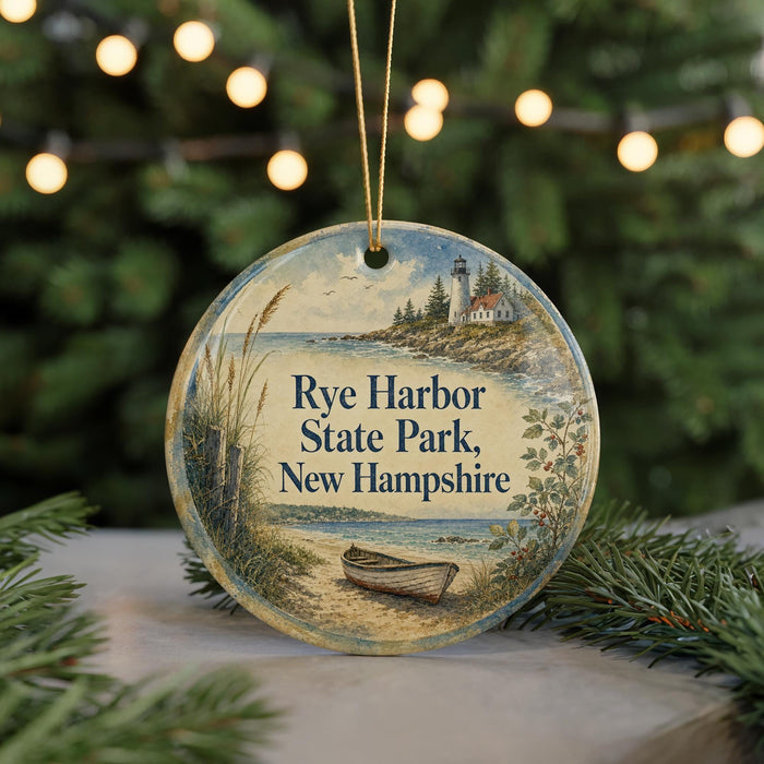 A round ornament with a lighthouse and a boat on the water, surrounded by greenery and a string of lights.