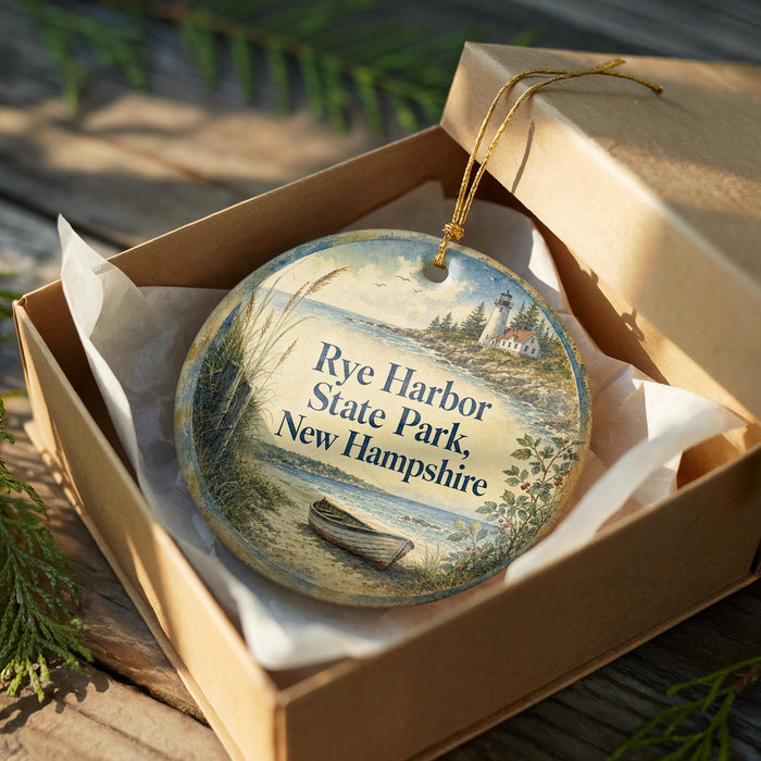 A decorative ornament in a wooden box, featuring a scenic image of Rye Harbor State Park in New Hampshire.