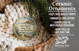 Ceramic ornaments, specifically aRYE HARBOR STATE PARK, NEW HAMPSTEAD ornament, are displayed in a basket. The ornament features a scenic image of a boat on a lake. The image is accompanied by text highlighting the ornament's features, such as its coziness, high-quality prints, vibrant and long-lasting vibrancy, fast shipping, holiday packaging, and the fact that it won't peel or fade over time.