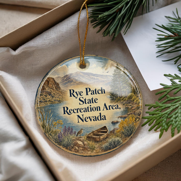 A decorative ornament with a scenic landscape of a lake, mountains, and pine trees, along with a boat and birds, is displayed in a box.