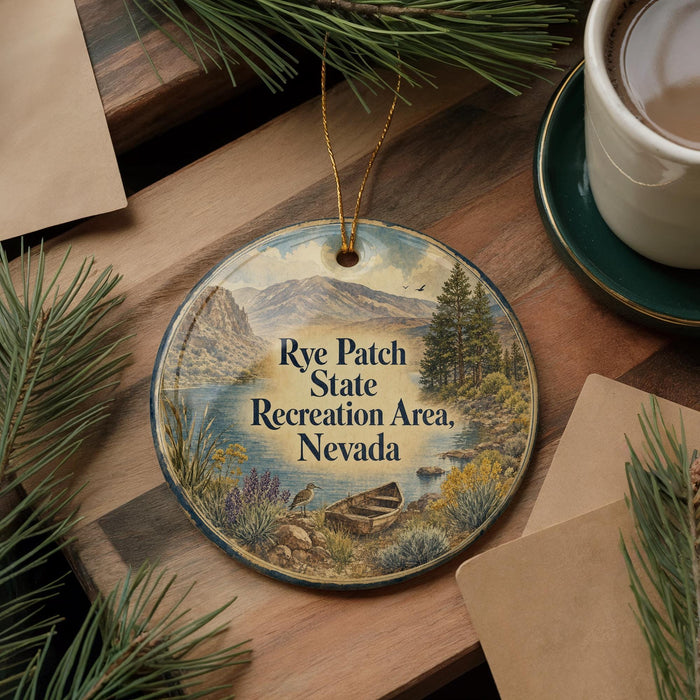 A decorative ornament with a scenic landscape of mountains, trees, and a lake, featuring the text "Rye Patch State Recreation Area, Nevada".