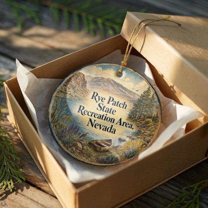 A decorative ornament in a box, featuring a scenic landscape with mountains, trees, and a body of water.