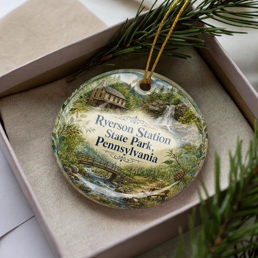 A decorative ornament in a box, featuring a scenic landscape with a house, trees, and a waterfall.