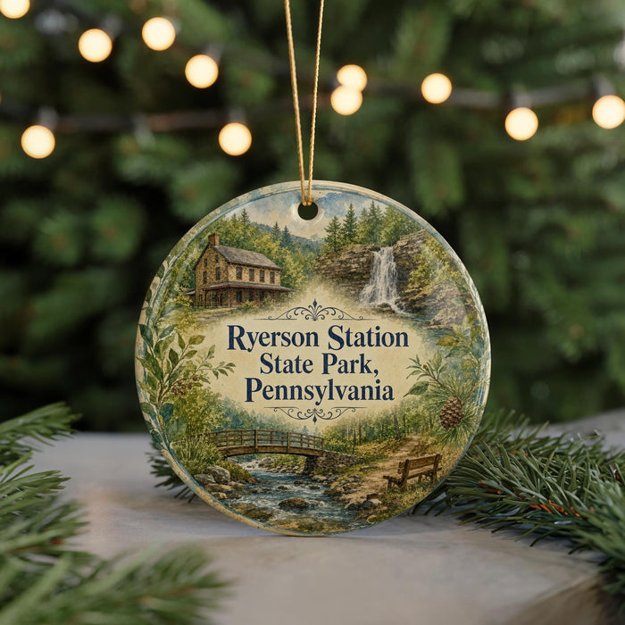 A round ornament with a painting of a house and a waterfall, surrounded by greenery, hangs in front of a blurred background with twinkling lights.