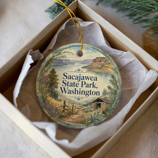 A decorative ornament in a white box, featuring a scenic landscape with mountains, trees, and a path leading to a cabin.