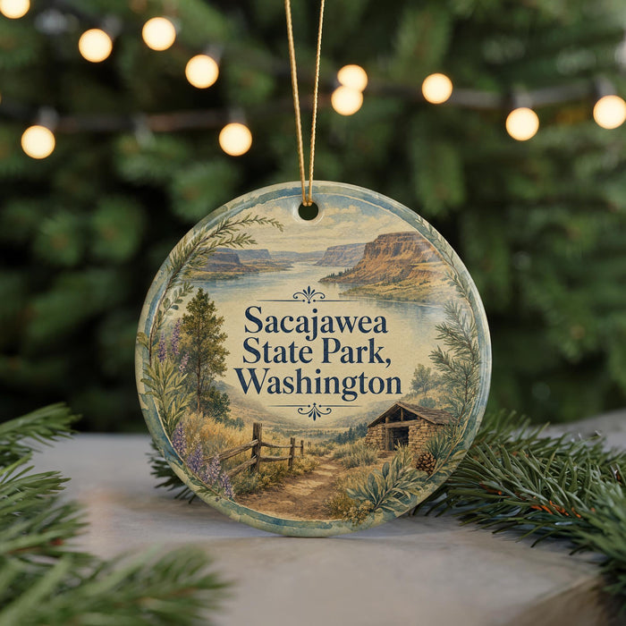 A round ornament with a scenic landscape of Sacajawea State Park, Washington, featuring a cabin and a path leading to a mountain range.