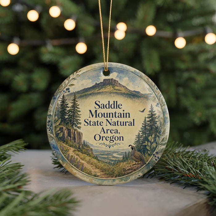 A round ornament with a scenic mountain landscape and pine trees, featuring the text "Saddle Mountain State Natural Area, Oregon".