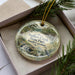 A decorative ornament with a scenic image of Sadlers Creek State Park in South Carolina, featuring a waterfall and a bird, is displayed in a box with pine branches.