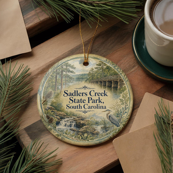 A round ornament with a scenic image of Sadlers Creek State Park, South Carolina, hanging on a wooden surface.