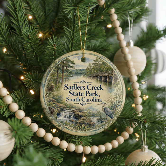 A round ornament hanging on a Christmas tree, featuring a scenic image of Sadlers Creek State Park in South Carolina.