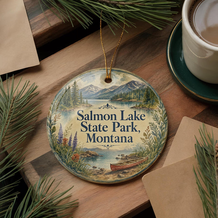 A decorative ornament with a scenic image of Salmon Lake State Park, Montana, featuring a lake, mountains, and pine trees. The ornament is hanging on a wooden surface, surrounded by pine branches and a cup of coffee.
