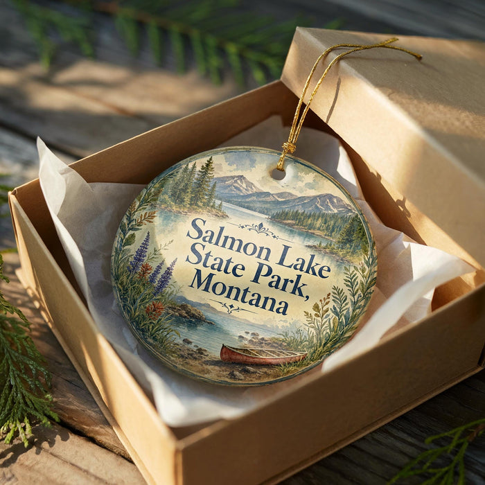 A decorative ornament in a wooden box, featuring a scenic landscape with mountains, trees, and a lake.