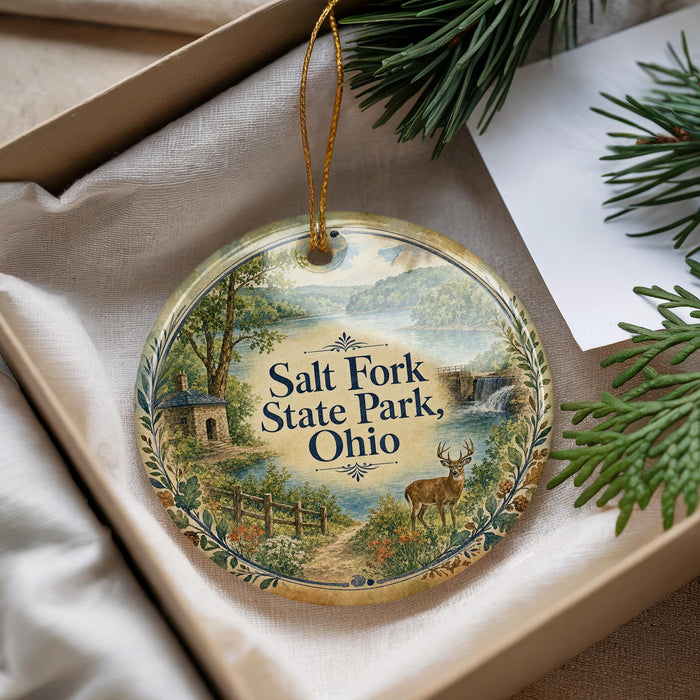 A decorative ornament with a scenic landscape of Salt Fork State Park, Ohio, featuring a deer, a stream, and a cabin.