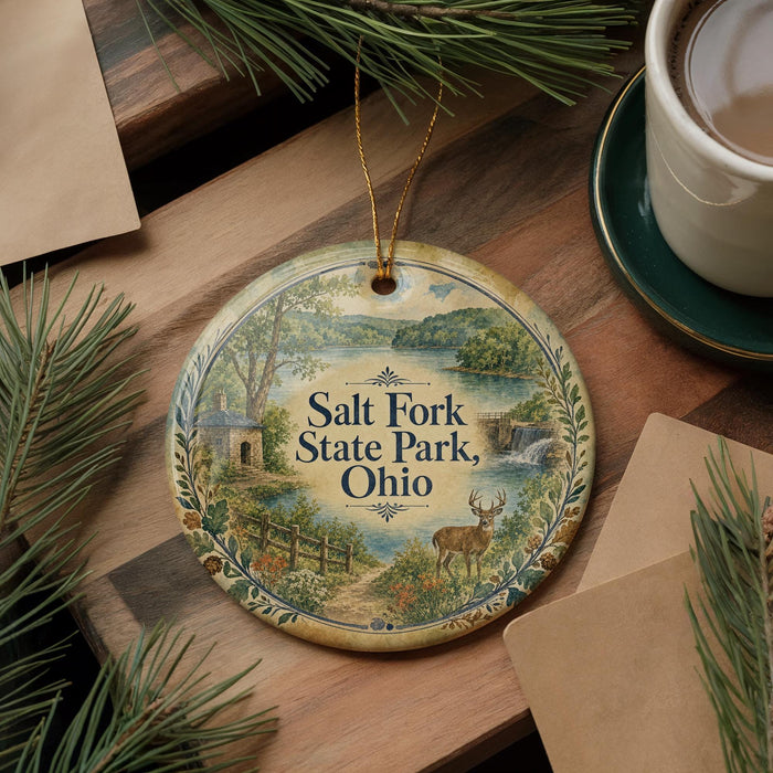A round ornament with a scenic illustration of Salt Fork State Park, Ohio, featuring a deer, a stream, and a waterfall. The ornament is hanging on a wooden surface, surrounded by pine branches and a cup of coffee.
