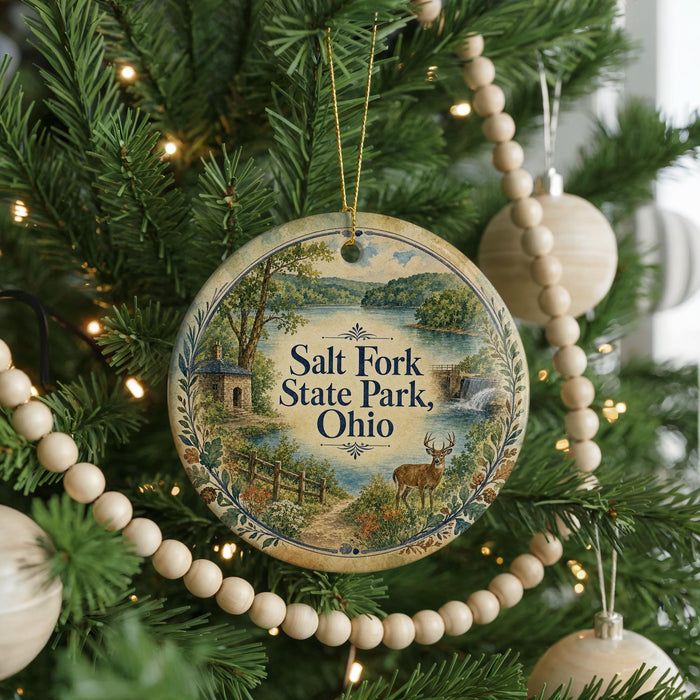 A round ornament hanging on a Christmas tree, featuring a scenic landscape with a lake, trees, and a deer.