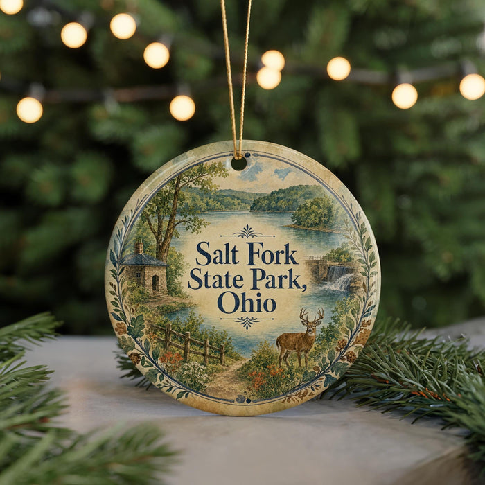 A round ornament with a scenic landscape of Salt Fork State Park, Ohio, featuring a deer, a stream, and a bridge.