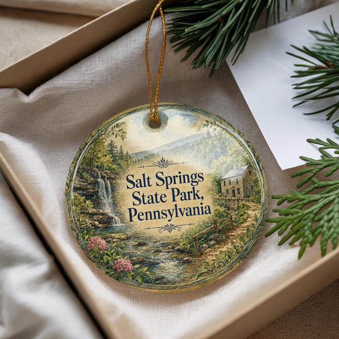 A decorative ornament with a scenic landscape of Salt Springs State Park, Pennsylvania, featuring a waterfall, pine trees, and a house.