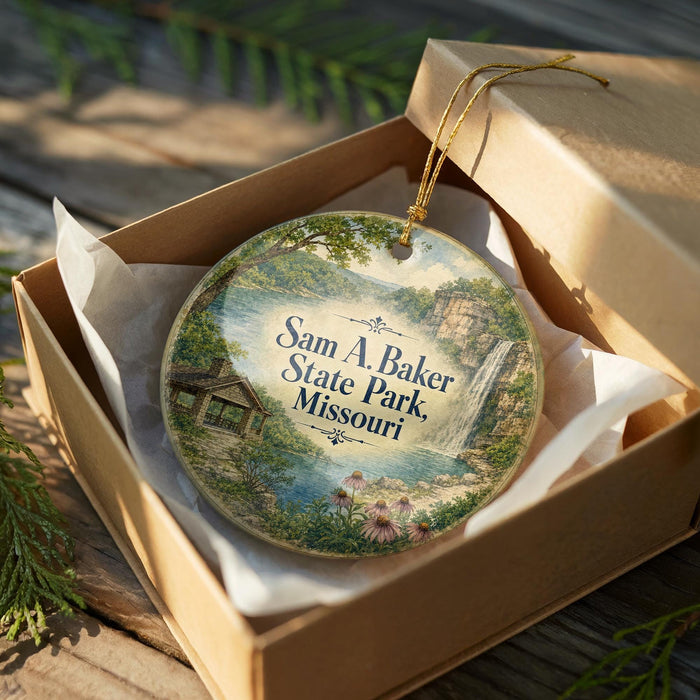 A decorative ornament in a box, featuring a scenic landscape with a waterfall and a cabin, with the text "Sam A. Baker State Park, Missouri" printed on it.
