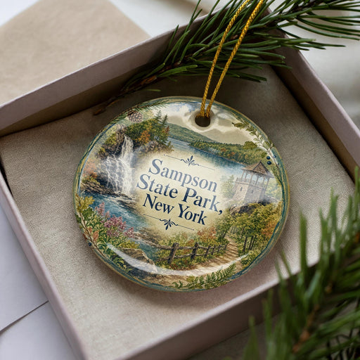 A decorative ornament in a box, featuring a scenic landscape with a waterfall, pine trees, and a building, with the text "Sampson State Park, New York" prominently displayed.