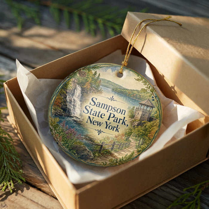 A decorative ornament in a box, featuring a scenic landscape with a waterfall and a building, likely representing the state park in New York.