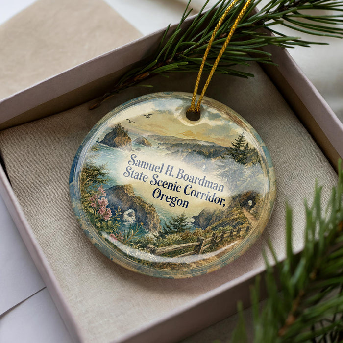 A decorative ornament with a scenic landscape, featuring mountains, forests, and a river, is displayed in a box.