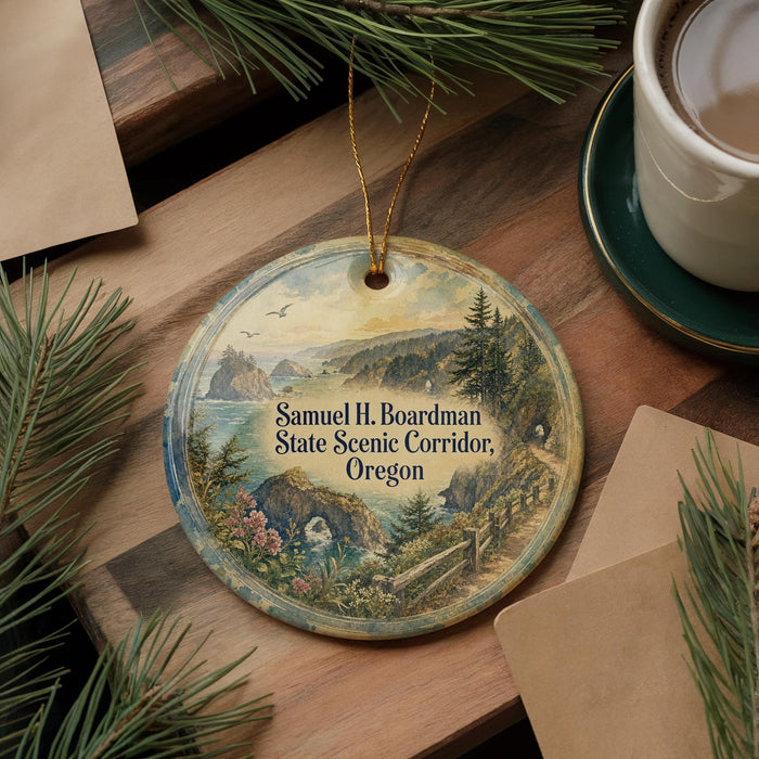 A round ornament with a scenic landscape of mountains, forests, and a river, featuring the text "Samuel H. Boardman State Scenic Corridor, Oregon".