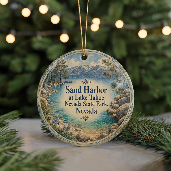 A round ornament with a scenic image of Lake Tahoe and the surrounding landscape, along with the text "Sand Harbor at Lake Tahoe Nevada State Park, Nevada".
