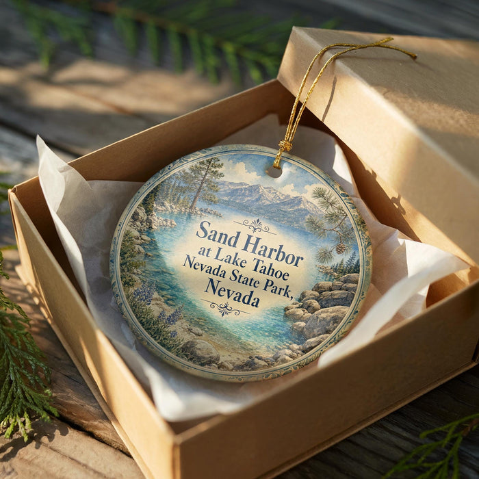 A round ornament in a box, featuring a scenic landscape with mountains, water, and pine trees.
