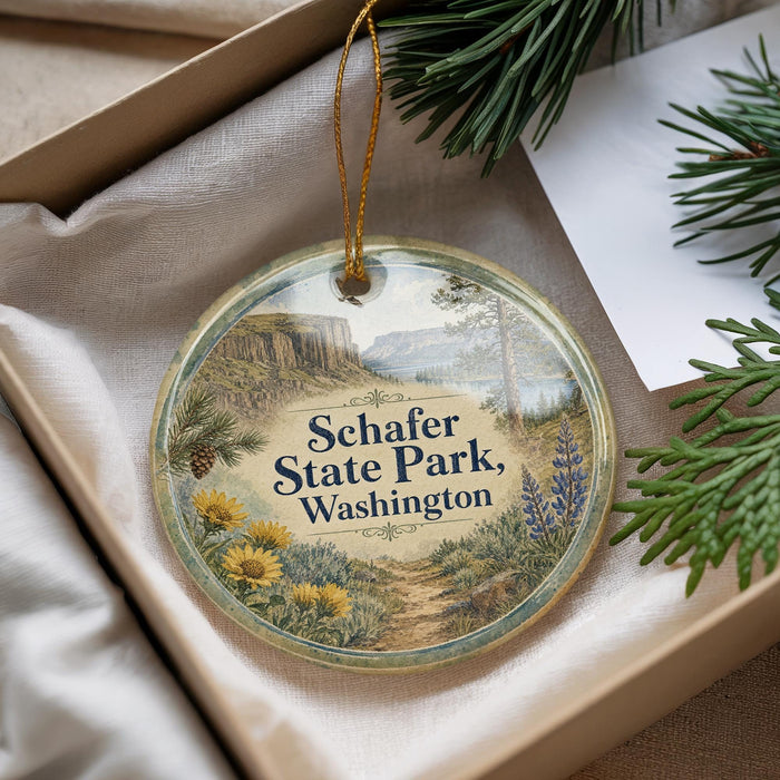 A round ornament with a scenic landscape of Schafer State Park in Washington, featuring a mountain, pine trees, and wildflowers.