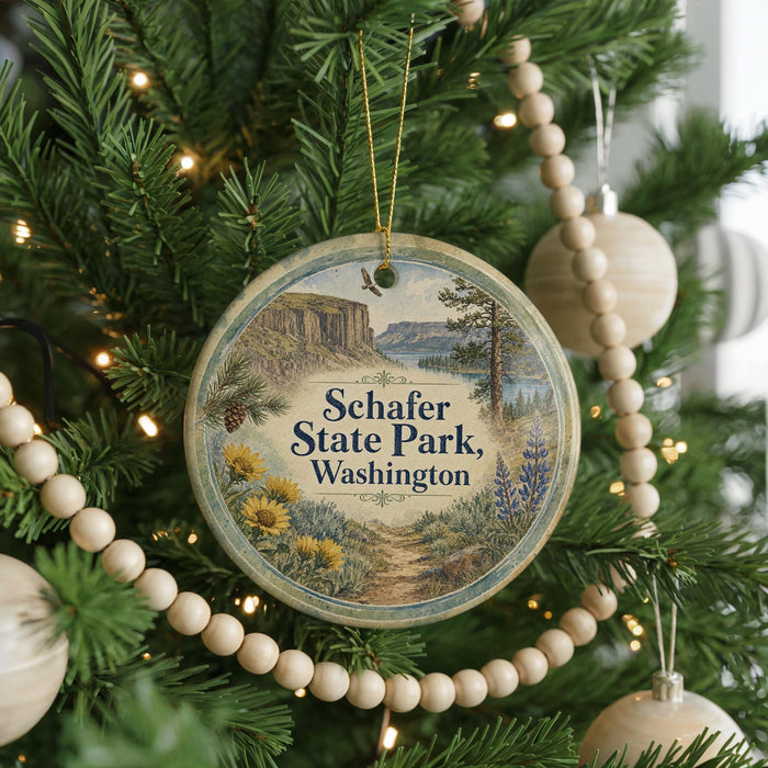 A round ornament hanging on a Christmas tree, featuring a scenic landscape with mountains, trees, and a winding path.