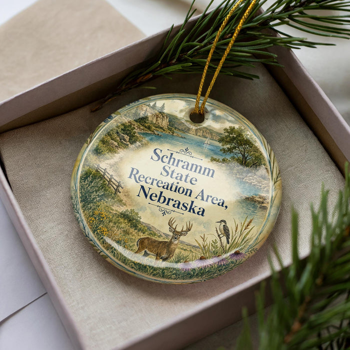 A decorative ornament in a box, featuring a scenic landscape with a deer, trees, and water.
