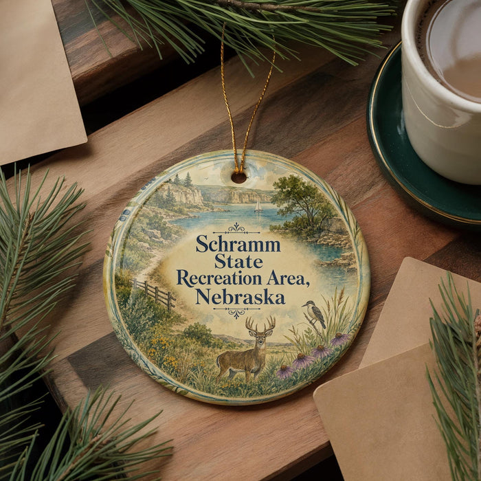 A round ornament with a scenic illustration of a deer in a field, surrounded by pine branches, sits on a wooden surface next to a cup of coffee.