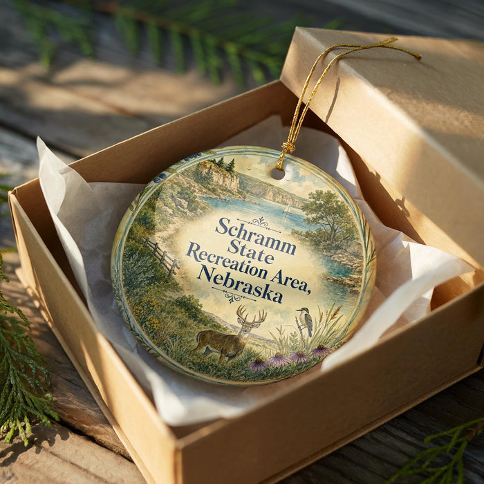 An oval-shaped ornament with a landscape scene and text, placed in a cardboard box with a gold string.